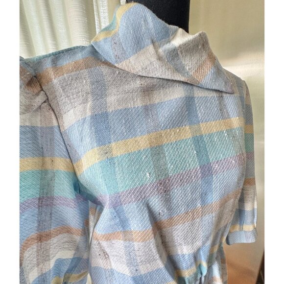 Vintage 80s dress, blue, purple, yellow, white, pastel plaid; asymmetric collar - Picture 9 of 10